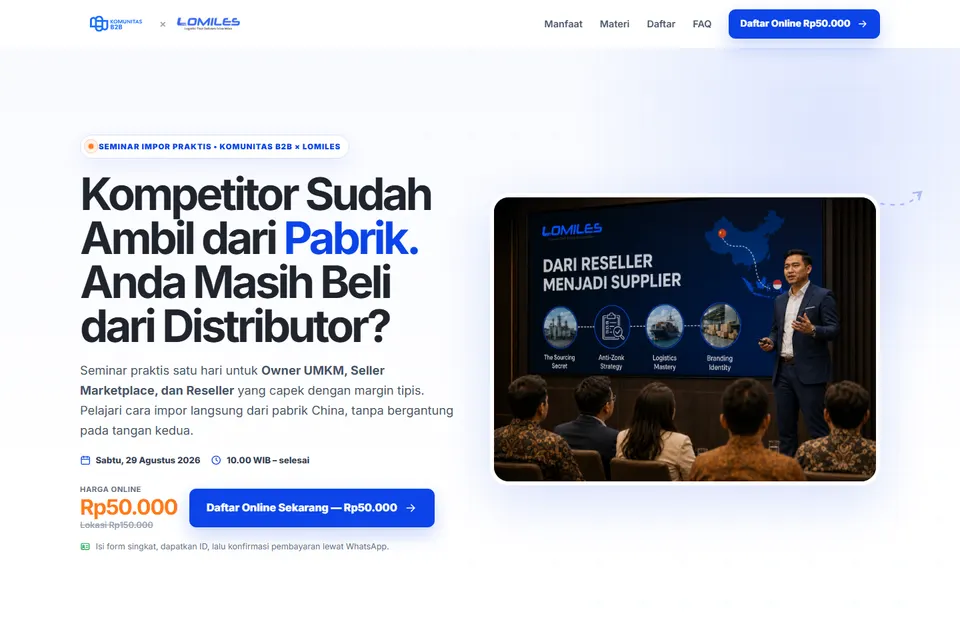 Kelas Importir x Lomiles seminar landing page hero section.